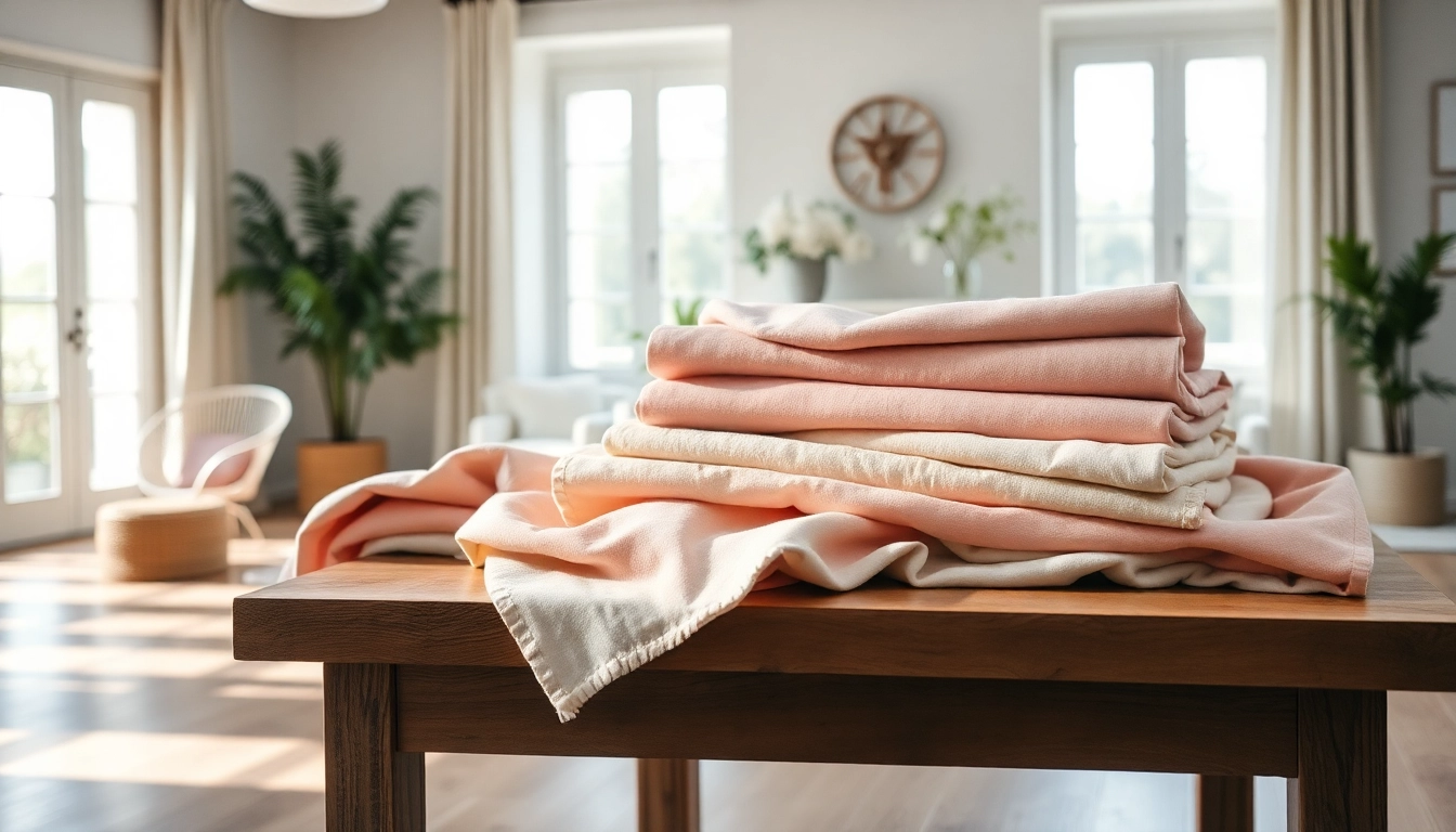 Katoen stof wassen en verschillende kleurige stoffen op een elegante tafel in lichte setting.