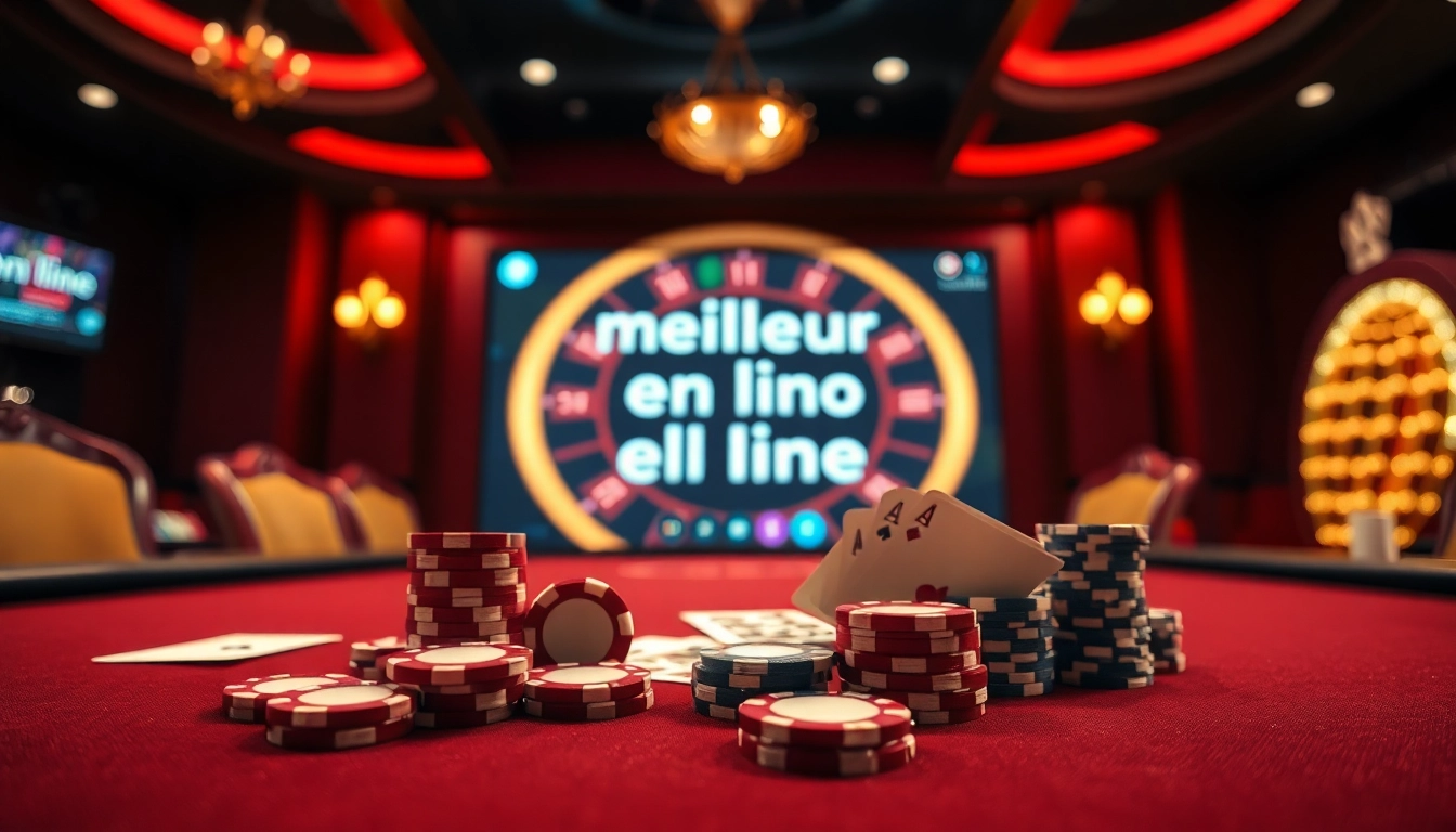 La scène vibrante d'un meilleur casino en ligne mettant en vedette des joueurs à une table de poker avec des jetons de casino.