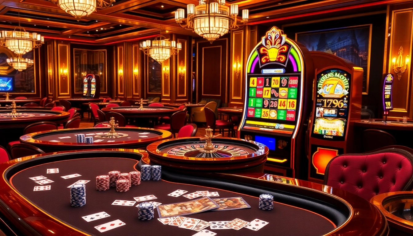 Scène excitante de table de jeu au meilleur casino en ligne, comprenant des jetons de poker, des cartes et des machines à sous vibrantes.