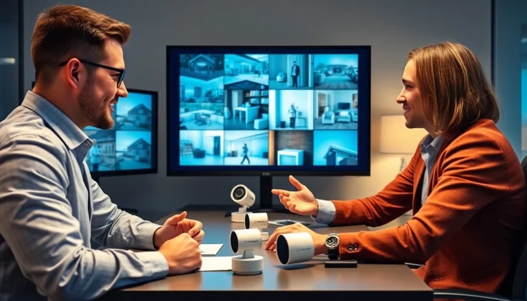 Consultor de seguridad de la empresa interactuando con un cliente sobre soluciones de vigilancia avanzadas