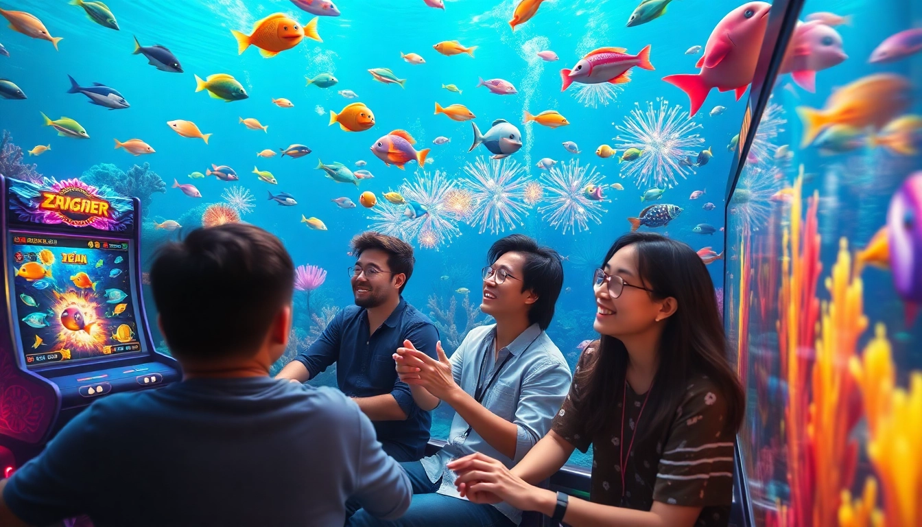 Bắn cá đổi thưởng gameplay with vibrant underwater visuals and players engaged in thrilling marine hunt.