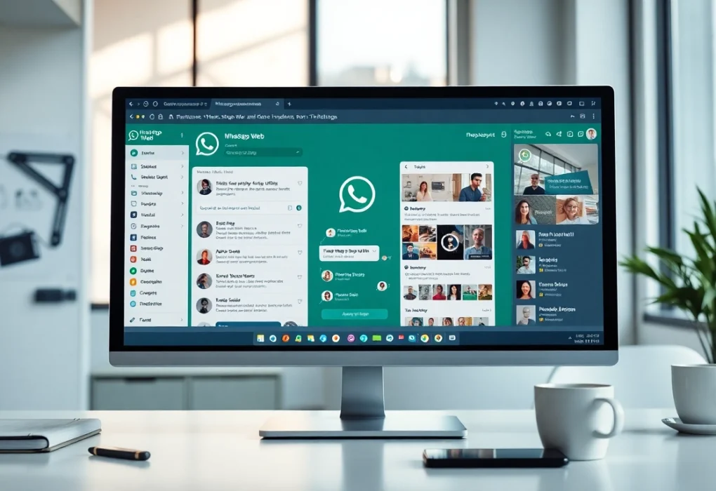 Efficient workspace showcasing WhatsApp Web interface on a large screen for seamless communication.