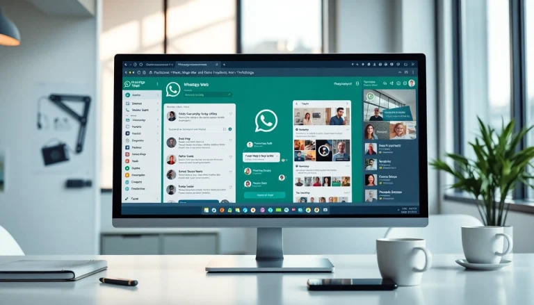 Efficient workspace showcasing WhatsApp Web interface on a large screen for seamless communication.