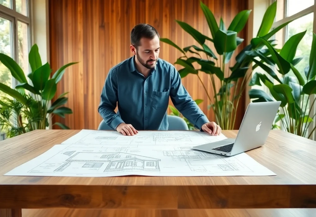 Start a residential architecture project with architect reviewing blueprints in a well-lit office.