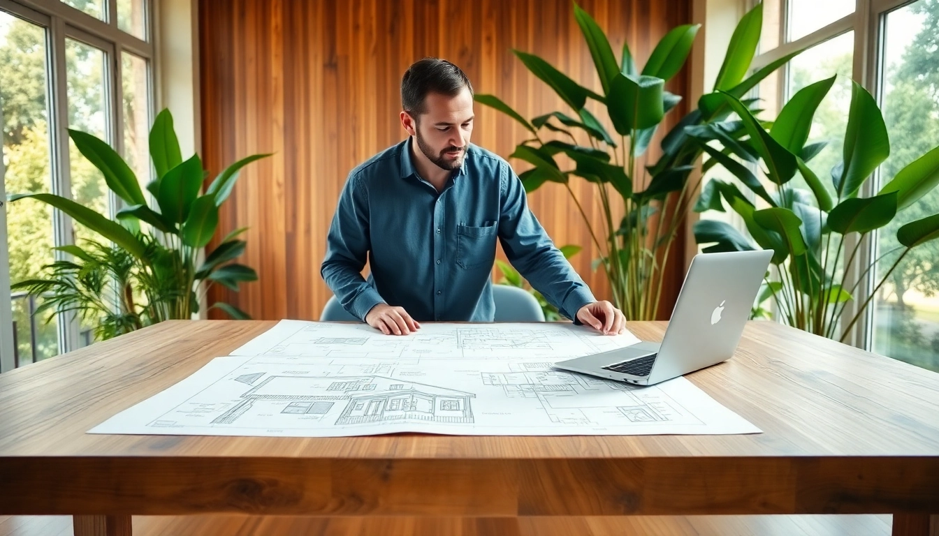 Start a residential architecture project with architect reviewing blueprints in a well-lit office.