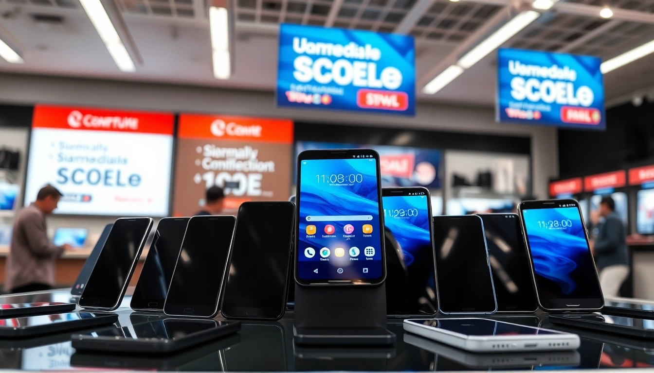 Promocje smartfony: nowoczesne wyświetlanie ofert w sklepie z elektroniką.