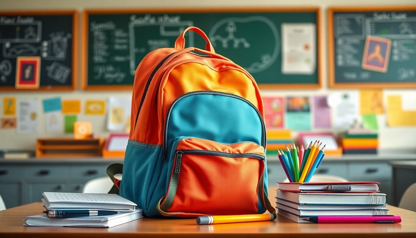 Hochwertige Handytasche Schule auf einem Schreibtisch in einem Klassenzimmer mit Schulbedarf.