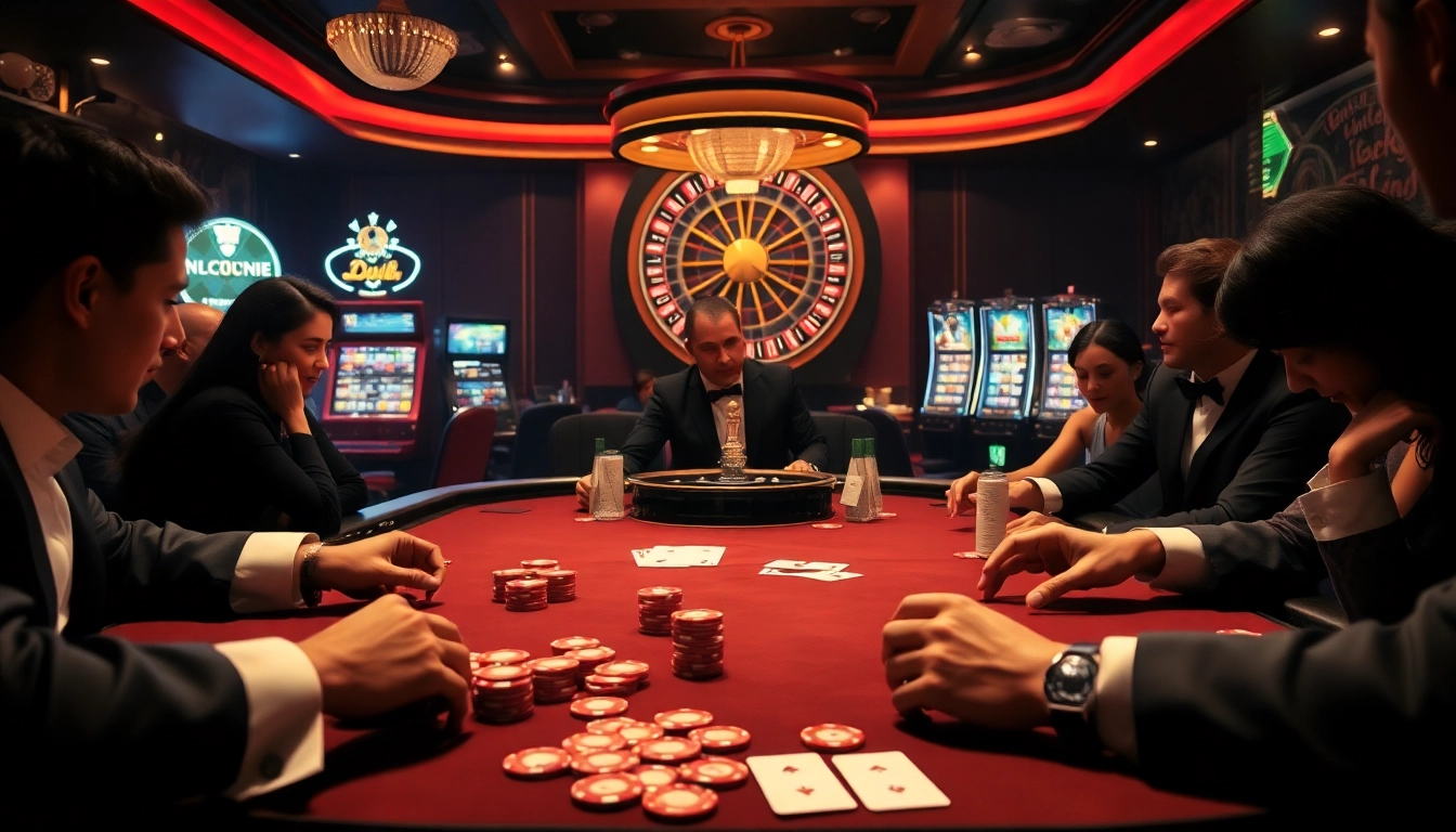 Découvrez l'excitation du meilleur casino en ligne avec une table de poker animée et une atmosphère de jeu vibrante.