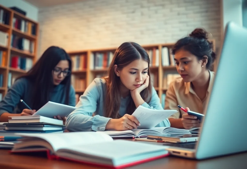 Students actively engaged in exam preparation with books and laptops in a cozy study space.