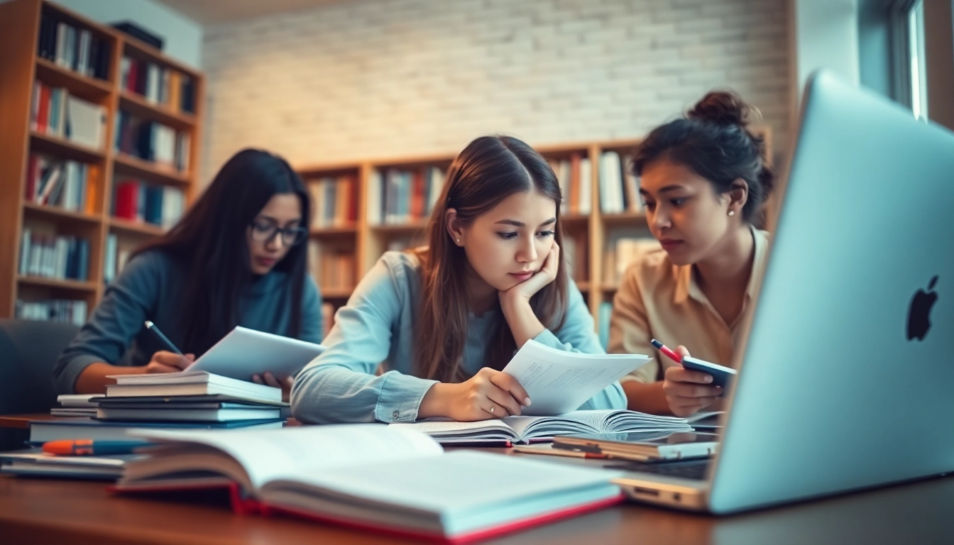 Students actively engaged in exam preparation with books and laptops in a cozy study space.