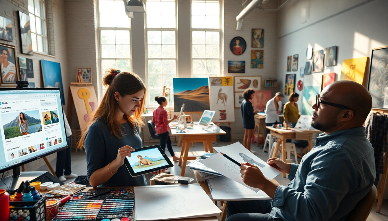 Dynamic scene in a creative studio using image to prompt ai tool for digital art generation.