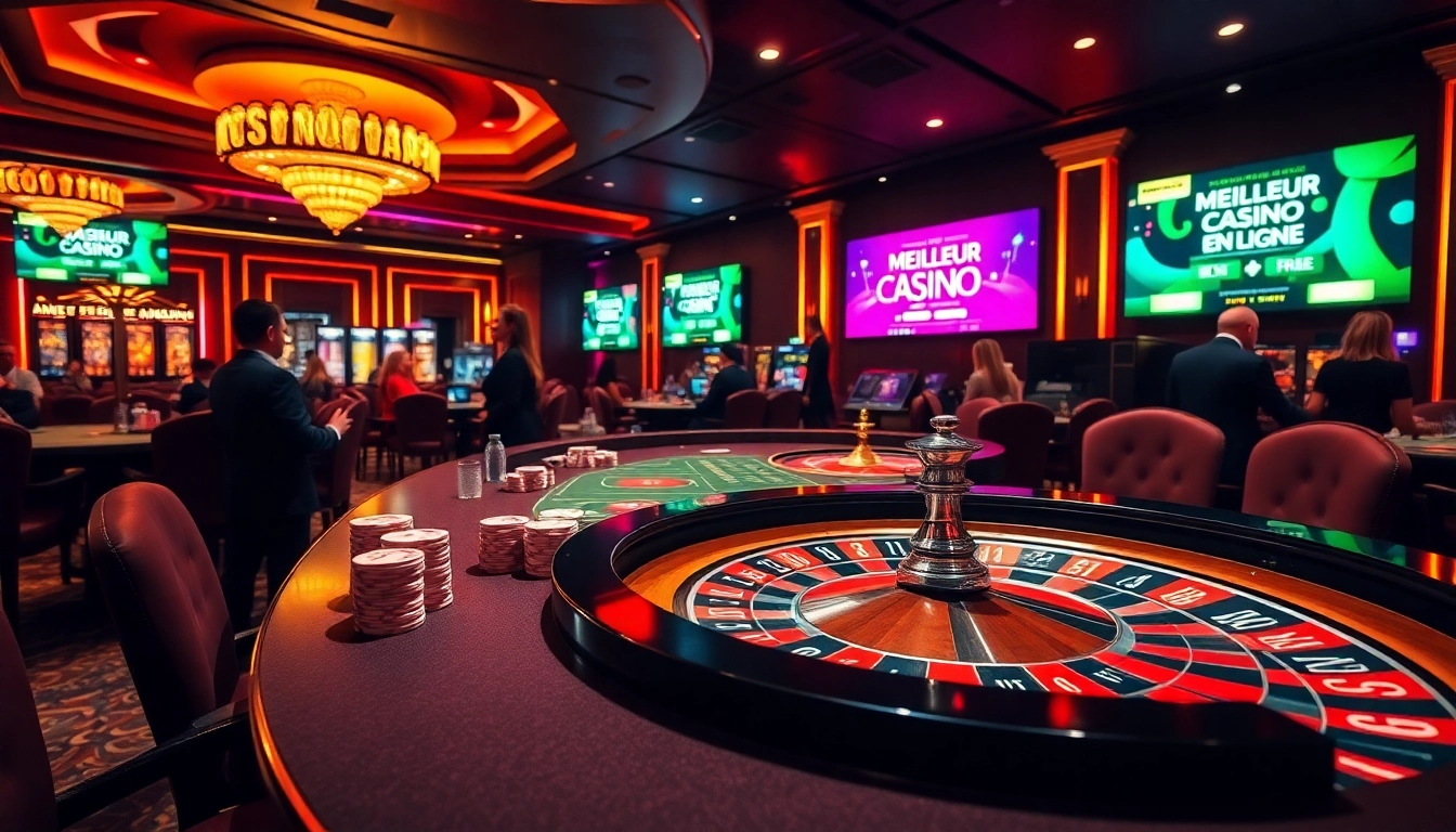 Vivez le frisson du meilleur casino en ligne avec des tables vibrantes et des joueurs animés dans un cadre luxueux.