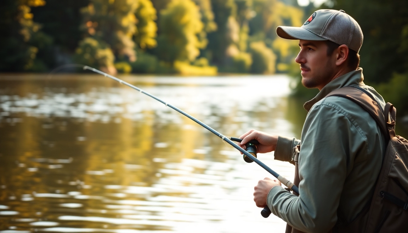 Beginner enjoying fly fishing for beginners at a tranquil lake, casting with focus and serenity.