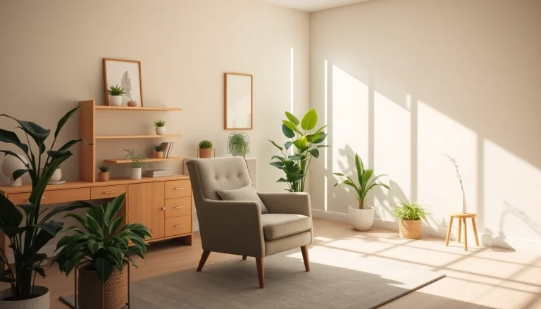 Illustrating anxiety symptoms through a serene therapy setting with comfortable elements.