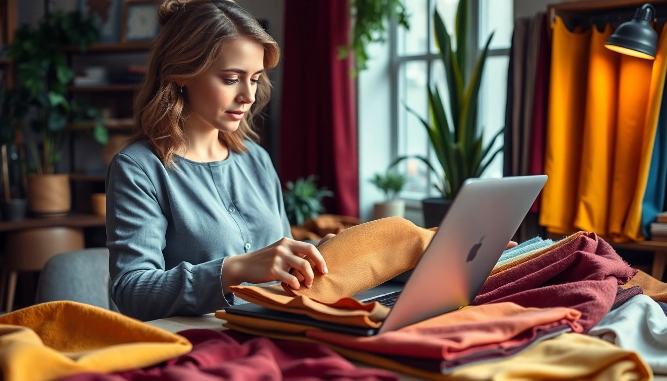 Stoffen online bestellen met kleurrijke stoffen voorbeelden op een laptop in een creatieve werkomgeving.