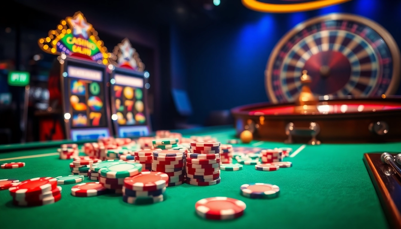 Une scène palpitante du meilleur casino en ligne avec des machines à sous vibrantes, des jetons de poker et une roulette.