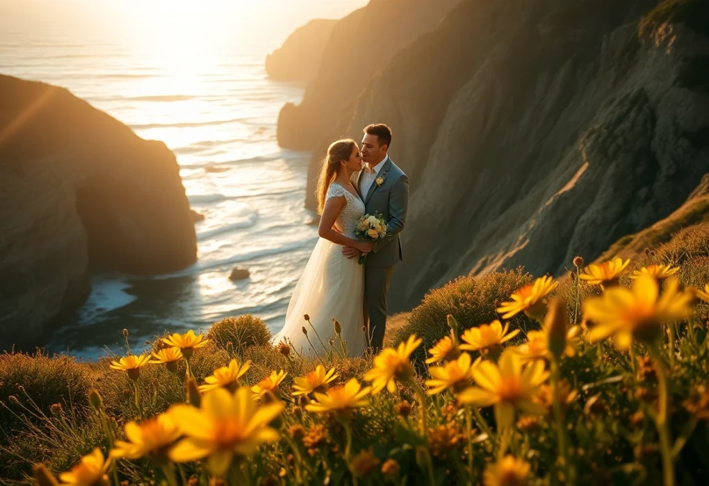 Big Sur wedding photographer capturing a couple's romantic moment at sunset with breathtaking cliffs.