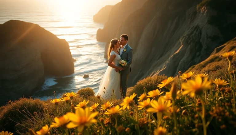 Big Sur wedding photographer capturing a couple's romantic moment at sunset with breathtaking cliffs.