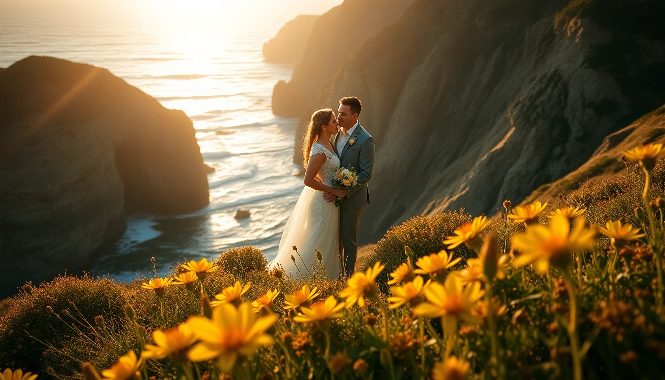 Big Sur wedding photographer capturing a couple's romantic moment at sunset with breathtaking cliffs.