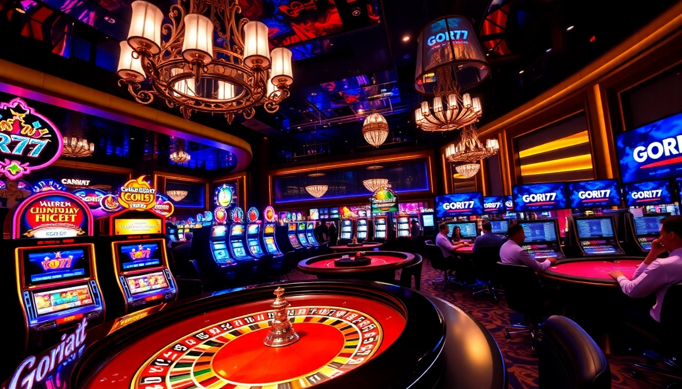Players are enjoying the thrill of Gori77 at a vibrant casino, featuring slot machines and roulette.