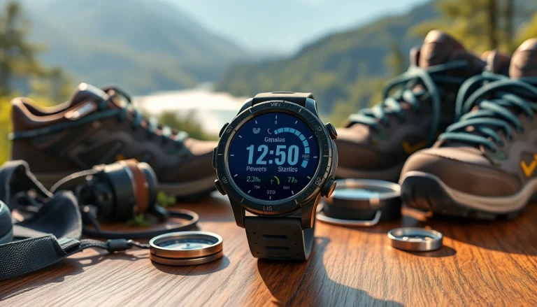 Showcasing the features of the Explorer Plus GPS Smart Watch in an outdoor settings filled with adventure gear.